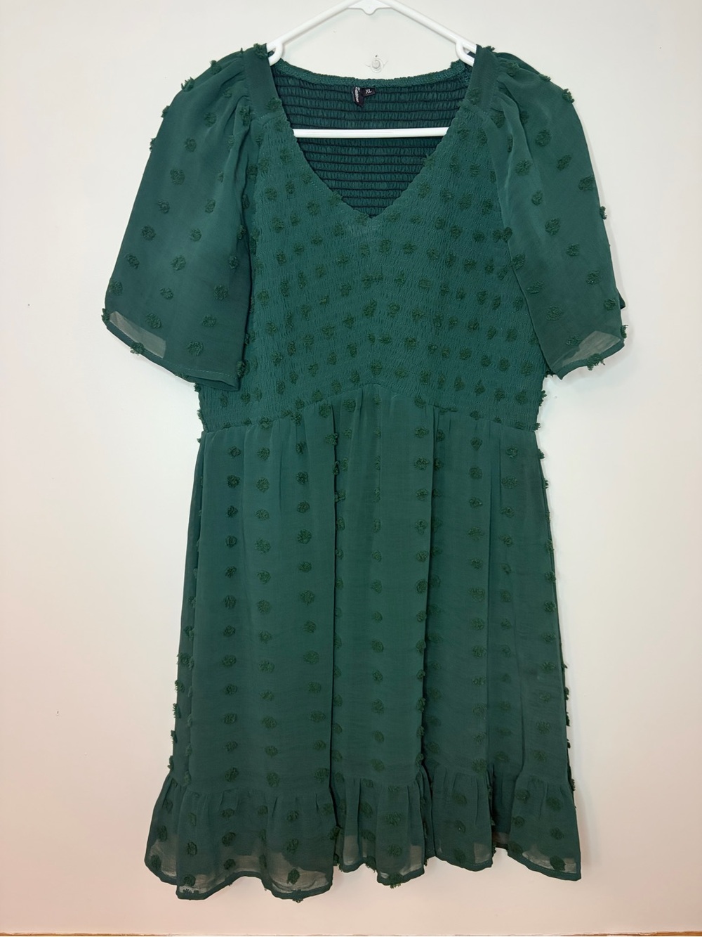 Zattcas XL Forest Green Swiss Dot Smocked Puff Sleeve Cottagecore Dress